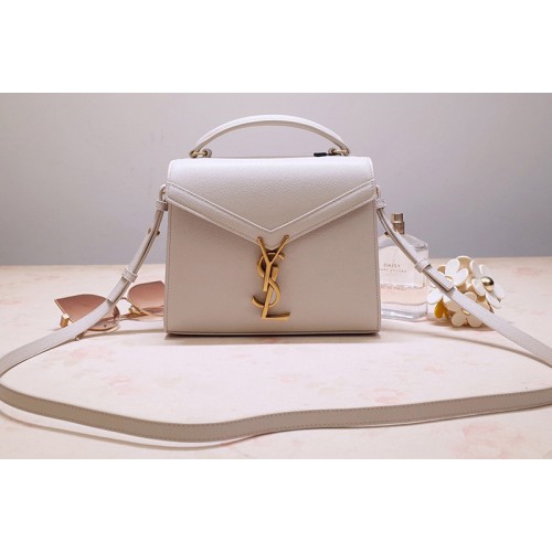 YSL Cassandra Mini Top handle bag In White Grain de Poudre Embossed Leather