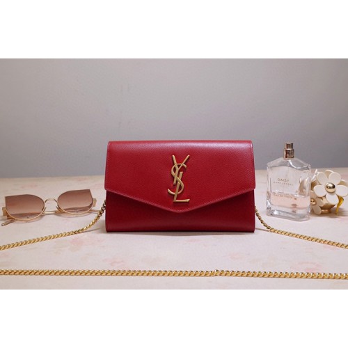 YSL Uptown Chain Wallet In Red Grain de Poudre Embossed Leather