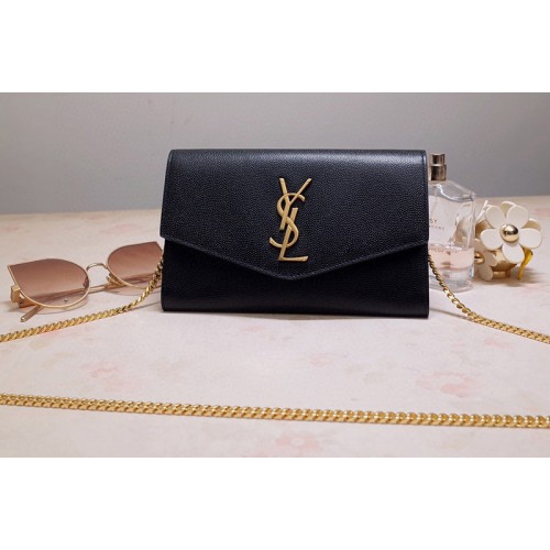 YSL Uptown Chain Wallet In Black Grain de Poudre Embossed Leather