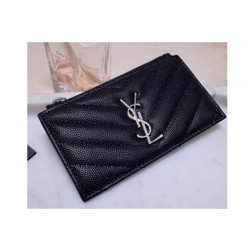 YSL Monogram Fragments Zippered Card Case in Black Grain de Poudre Embossed Leather With Silver YSL