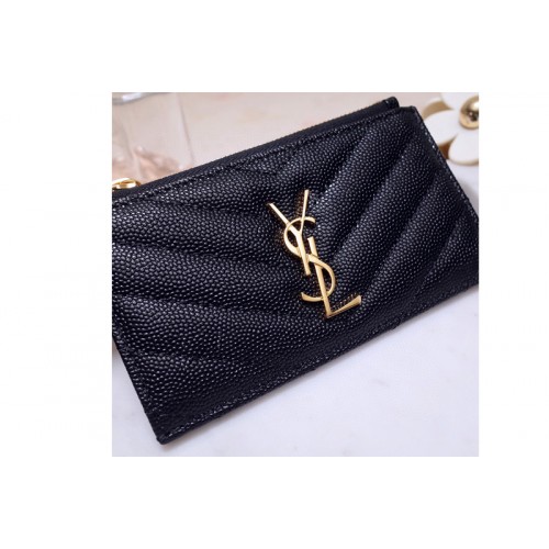 YSL Monogram Fragments Zippered Card Case in Black Grain de Poudre Embossed Leather With Gold YSL
