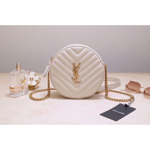 YSL Vinyle Round Camera Bags in White Chevron-Quilted Grain de Poudre Embossed Leather