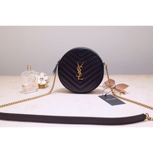 YSL Vinyle Round Camera Bags in Black Chevron-Quilted Grain de Poudre Embossed Leather with Gold chain