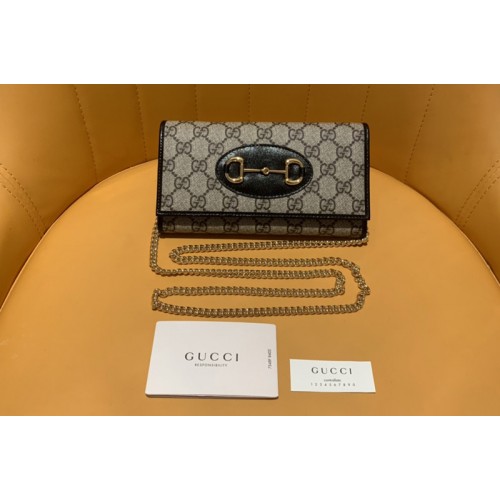 Gucci Horsebit 1955 zip around wallet With Chain in Beige ebony Supreme canvas With Black Leather