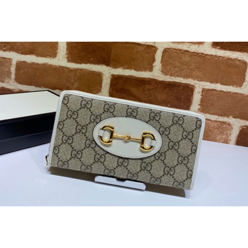 Gucci 1955 Horsebit zip around wallet in Beige ebony Supreme canvas With White Leather