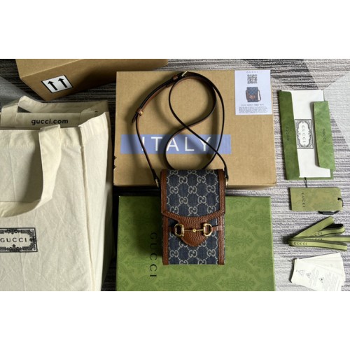 Gucci ‎ Gucci Horsebit 1955 mini bag in Blue and ivory denim jacquard