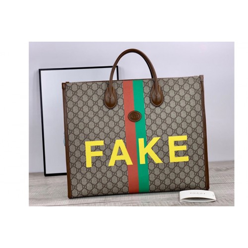 Gucci & 8216 Fake Not print large tote bag in Beige and ebony Supreme canvas