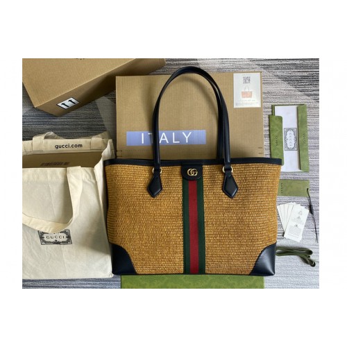 Gucci Ophidia medium tote Bag in Camel straw effect fabric