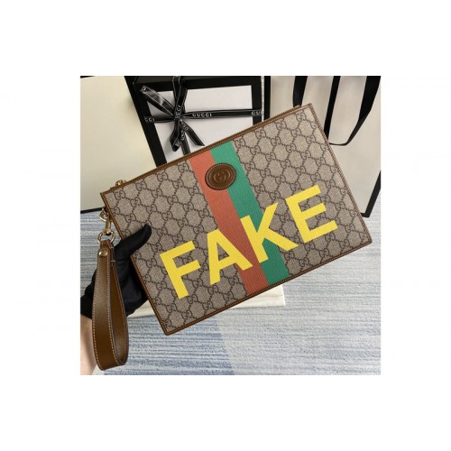 Gucci & 8216 Fake Not print pouch in Beige and ebony Supreme canvas