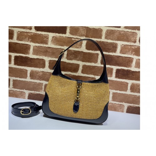 Gucci Jackie 1961 small shoulder bag in Camel straw effect fabric with blue leather trim Gucci Jackie 1961 small shoulder bag in Camel straw effect fabric with blue leather trim