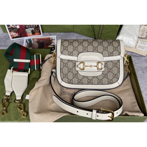 Gucci Horsebit 1955 mini bag in Beige and ebony Supreme canvas With White Leather