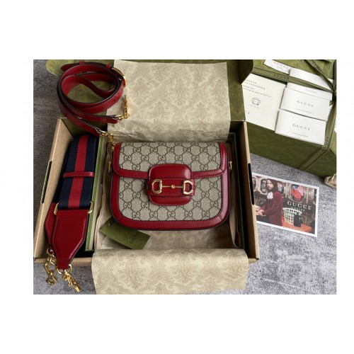 Gucci Horsebit 1955 mini bag in Beige and ebony Supreme canvas With Red Leather Gucci Horsebit 1955 mini bag in Beige and ebony Supreme canvas With Red Leather