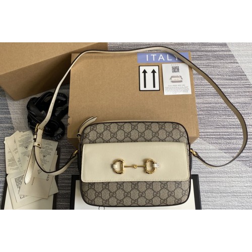 Gucci Horsebit 1955 small shoulder bag in Beige ebony Supreme canvas With White Leather