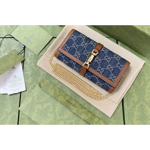 Gucci Jackie 1961 chain wallet in Dark blue and ivory eco washed organic jacquard denim