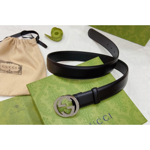 Women Gucci 30mm Thin belt with Interlocking G buckle in Black Leather With Silver Buckle