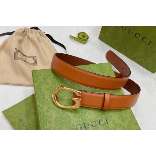 Women Gucci 30mm Thin belt with G buckle in Brown Leather With Gold Buckle