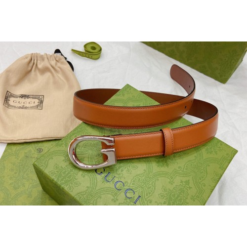 Women Gucci 30mm Thin belt with G buckle in Brown Leather With Silver Buckle