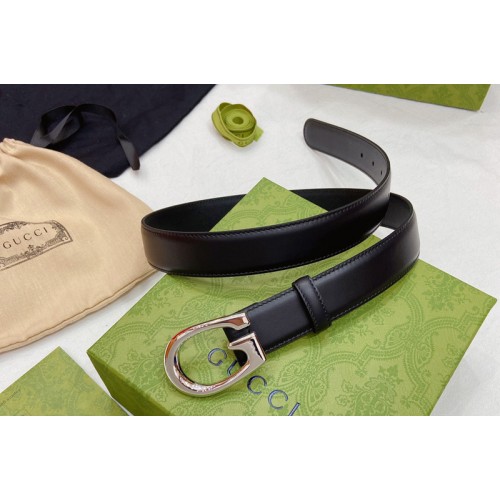 Women Gucci 30mm Thin belt with G buckle in Black Leather With Silver Buckle