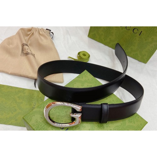 Men Gucci ‎ 40mm Belt with G buckle in Black leather With Silver Buckle