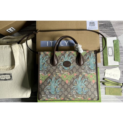 Gucci Tiger small tote bag in Beige and ebony Supreme canvas