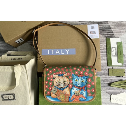 Gucci Childrens cat print messenger bag in Pink flower print green Supreme canvas