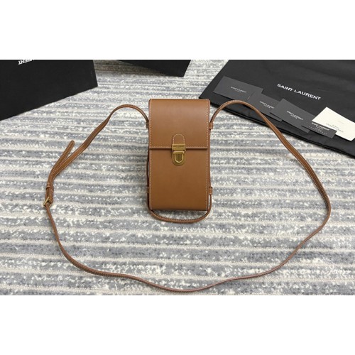YSL TUC PHONE POUCH WITH STRAP IN Tan SUPPLE CALFSKIN