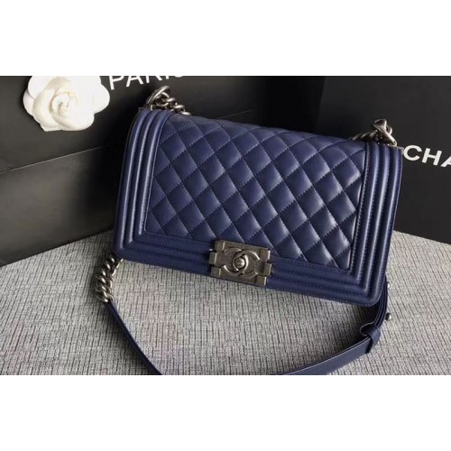 Chanel Le Boy Original Sheepskin Dark Blue Leather Shoulder Bags A67086 Silver Chain