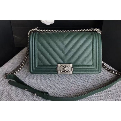 Chanel Le Boy Original Chevron Green Leather Shoulder Bags 67086 Silver Chain