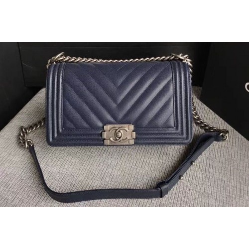 Chanel Le Boy Original Chevron Dark Blue Leather Shoulder Bags 67086 Silver Chain