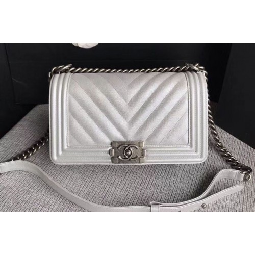 Chanel Le Boy Original Chevron White Leather Shoulder Bags 67086 Silver Chain