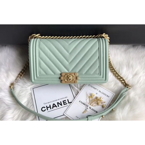 Chanel Le Boy Original Chevron Light Green Leather Shoulder Bags 67086 Gold Chain