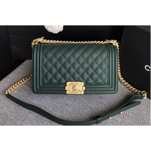 Chanel Le Boy Original Caviar Dark Green Leather Shoulder Bags 67086 Gold Chain