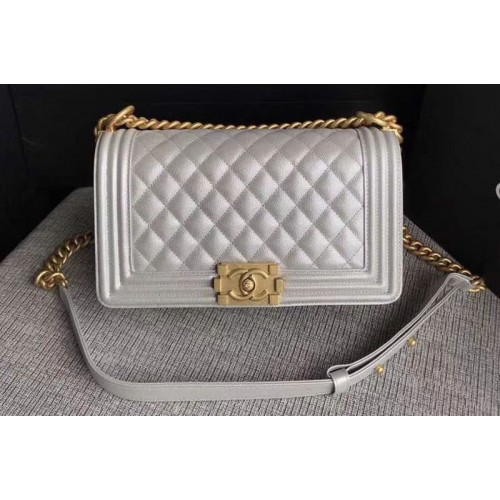 Chanel Le Boy Original Caviar Beige Leather Shoulder Bags 67086 Gold Chain