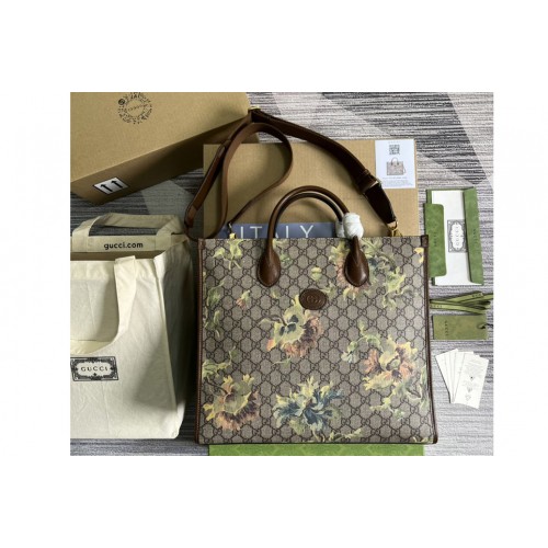 Gucci Medium tote Bag with carnation print in Beige and ebony Supreme canvas