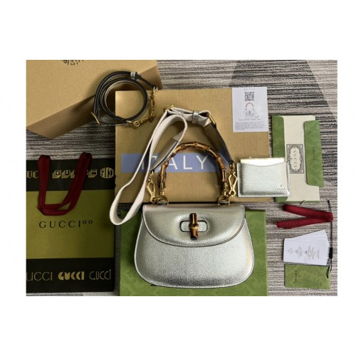 Gucci Small top handle bag with Bamboo in Silver leather