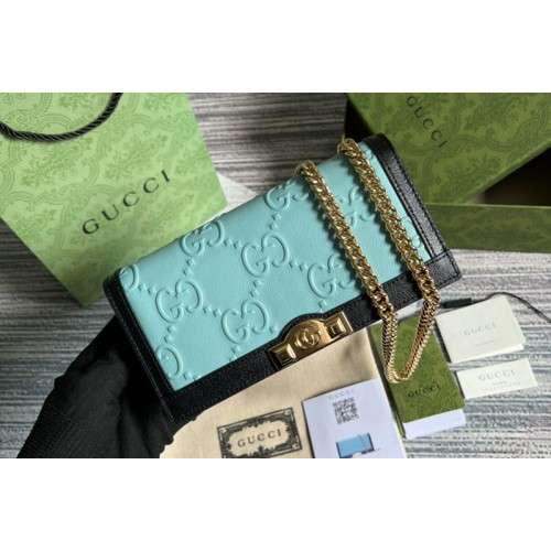 Gucci wallet with chain in Light blue leather with dark blue trim