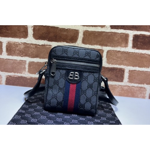 Gucci x Balenciaga Mens Hacker Shoulder Zip Bag in black and dark grey canvas jacquard