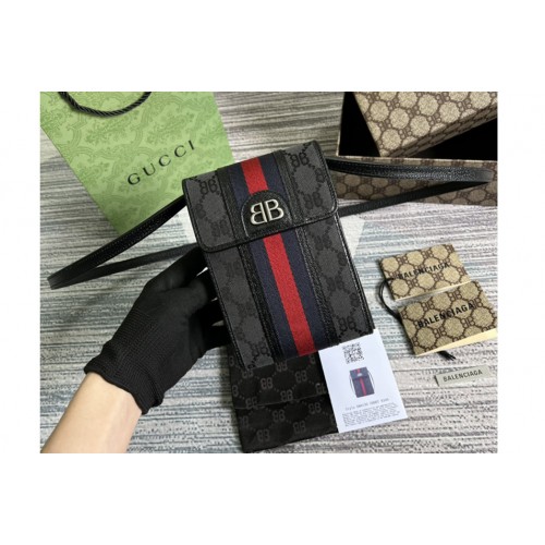 Gucci x Balenciaga Mens Hacker Phone Bag in black and dark grey canvas jacquard