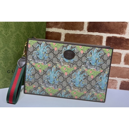 Gucci Tiger Pouch Bag in Beige and ebony Supreme canvas