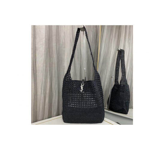 YSL LE 5 A 7 Hobo bag IN Black RAFFIA CROCHET AND SMOOTH LEATHER