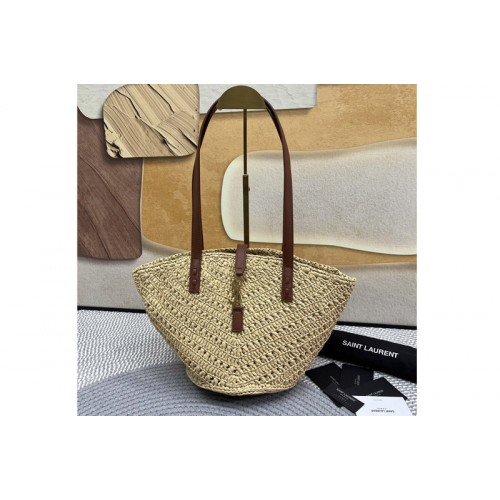 YSL Panier small in raffia and vegetable-tanned leather