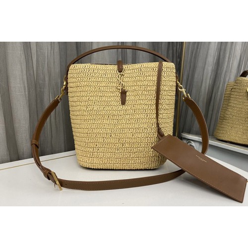 YSL LE 37 BUCKET BAG IN Beige WOVEN RAFFIA AND VEGETABLE-TANNED LEATHER