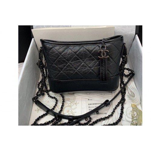 Chanel A91810 GABRIELLE Small Hobo Bag In Black Aged Calfskin and Black Metal