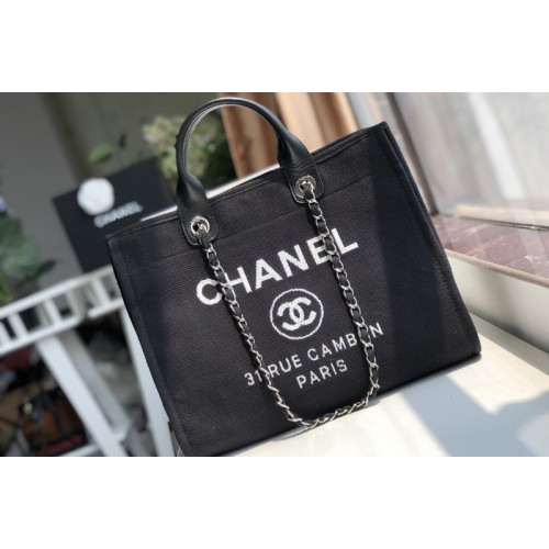 Chanel A66941 Shopping Bag Black Mixed Fibers With White Print and Calfskin