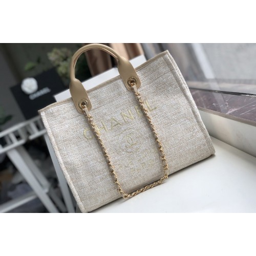 Chanel A66941 Shopping Bag Beige Mixed Fibers With Gold Print and Calfskin