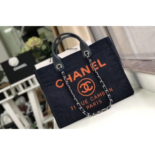 Chanel A66941 Shopping Bag Navy Blue Mixed Fibers With Orange Print and Calfskin