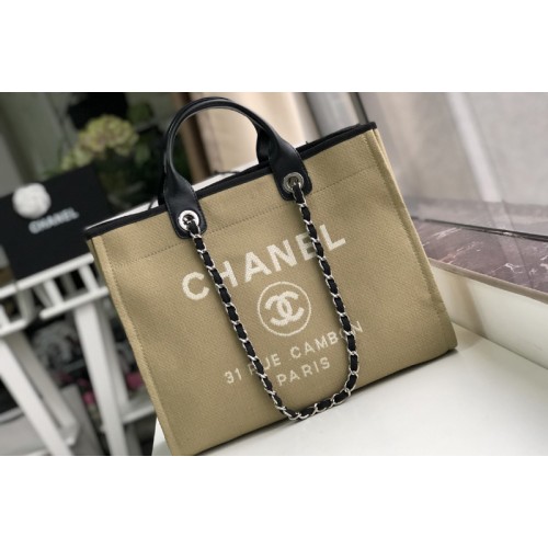 Chanel A66941 Shopping Bag Khaki Mixed Fibers With White Print and Calfskin