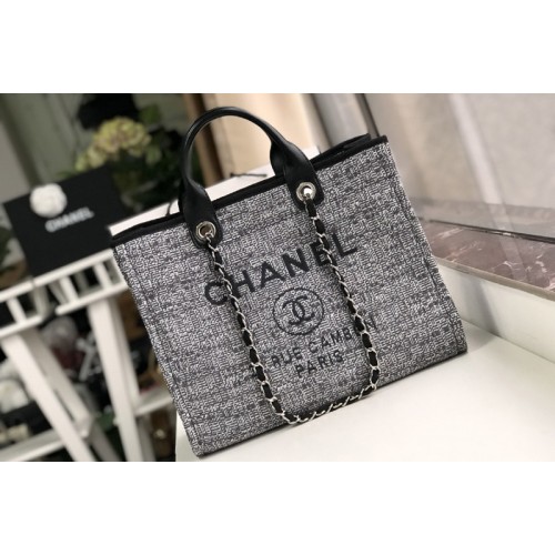 Chanel A66941 Shopping Bag Gray Mixed Fibers With Black Print and Calfskin
