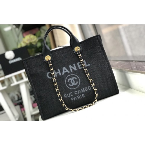 Chanel A66941 Shopping Bag Black Mixed Fibers With Blue Print and Calfskin