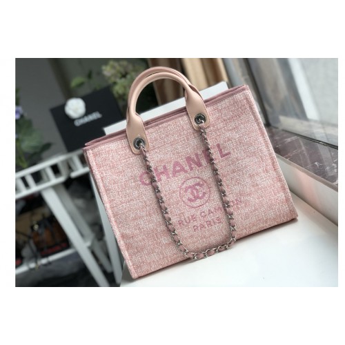 Chanel A66941 Shopping Bag Pink Mixed Fibers With Pink Print and Calfskin